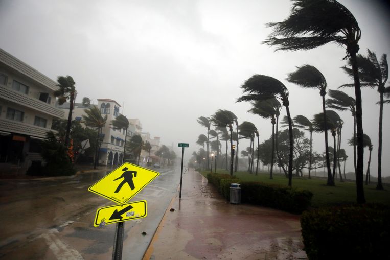 Zware windstoten aan de Ocean Drive in South Beach, Florida. Beeld REUTERS