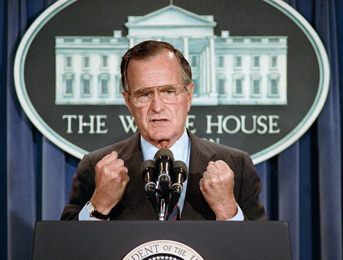 George Herbert Walker Bush, enkele maanden na zijn aantreden als 41ste president. Foto uit juni 1989.