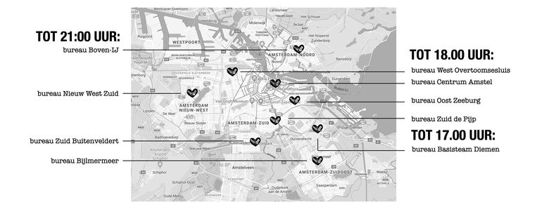 Kaart met de negen inleverpunten in Amsterdam en Diemen. Beeld Gemeente Amsterdam