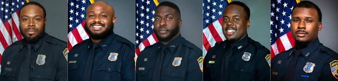 De vijf agenten die betrokken zijn bij de dood van Nichols (L-R): Demetrius Haley, Desmond Mills, Emmitt Martin, Tadarrius Bean, en Justin Smith.