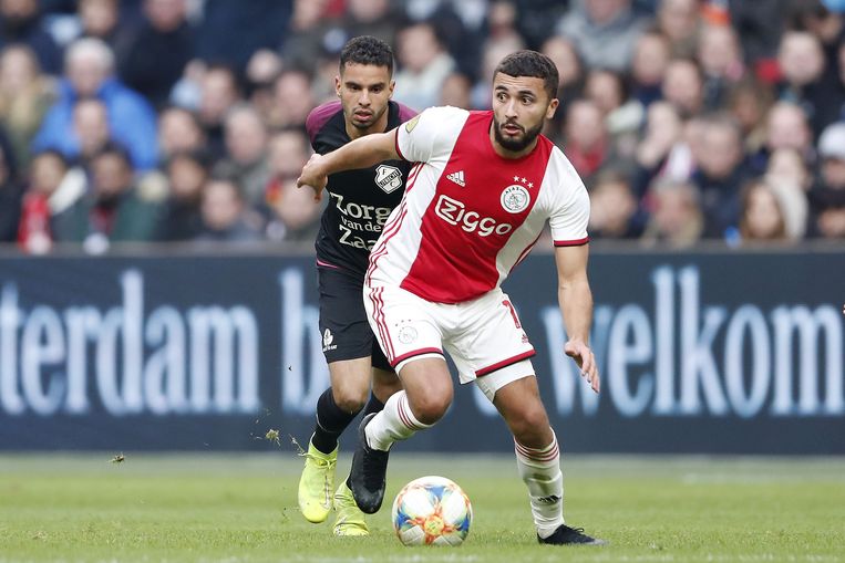 Adam Maher (L) en Zakaria Labyad tijdens de wedstrijd tussen Ajax en FC Utrecht in 2019.  Beeld ANP Sport