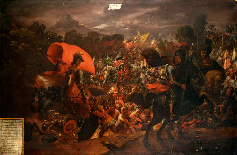 Schilderij waarop te zien is hoe Cortés en zijn soldaten de Azteekste hoofdstad Tenochtitlan ontvluchtten op 30 juni 1520. De nacht staat bekend als de 'treurnacht'. Beeld Hollandse Hoogte / Lebrecht Music + Arts