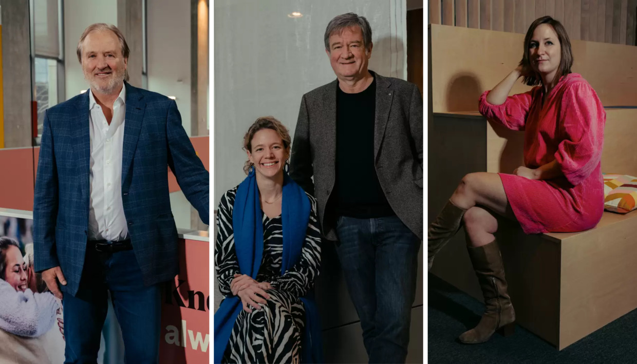 John Porter (CEO van Telenet), Lise Conix en Wouter Torfs (tot vorige week co-CEO’s van Schoenen Torfs), en Leslie Cottenjé (CEO van Hello Customer). Beeld Damon De Backer