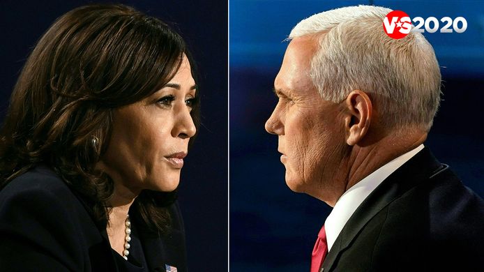De Democratische senator Kamala Harris en de Amerikaanse vicepresident Mike Pence tijdens het debat.