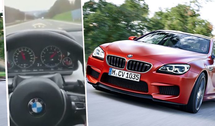 De hardrijder reed in een BMW M6 (archieffoto) - Foto rechts: beeld uit het bewuste filmpje. De BMW-rijder hield zijn smartphone vast terwijl hij snelheden tot 234 km/h haalde.