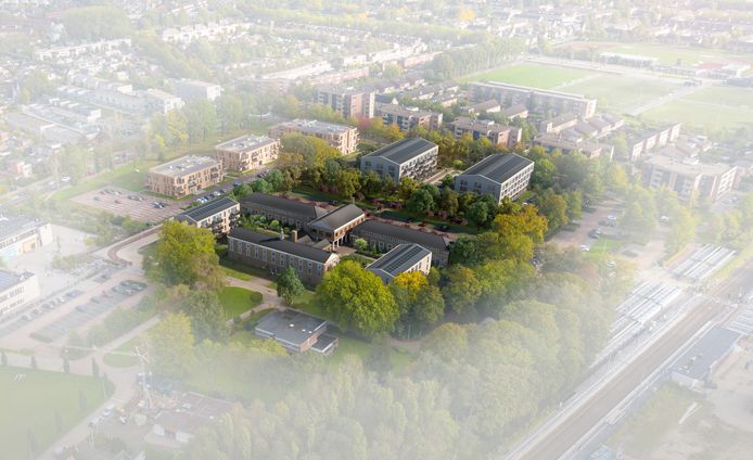 Impressie van plan Het Juvenaat in Etten-Leur:  de (ver)bouw begint dinsdag 20 april. Vooraan de Edward Poppelaan en  voormalig internaat, waar appartementen en huizen met tuin komen. Daarachter de oude kapel  en daarachter de twee nieuwe gebouwen met appartementen aan Zonnestad.