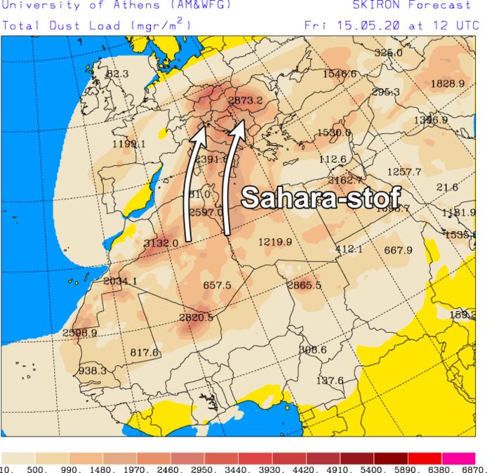 Met de zuidenwind wordt er veel Saharastof aangevoerd naar Italië, Griekenland en Turkije.