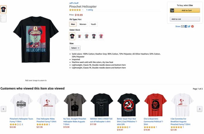 Een deel van de collectie ‘Pinochet-shirts’ van Amazon, waarvan sommige nog altijd verkrijgbaar zijn.