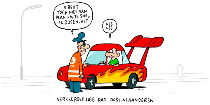 Met deze cartoon kondigt de politie de Verkeersveilige Dag aan.