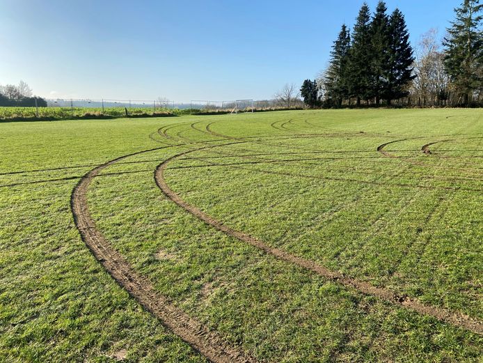 Vandalen reden met hun auto kriskras over het veld.