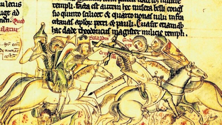 null Beeld Een afbeelding van Saladin en de slag bij Hittin, opgetekend door monnik Mathew Paris.