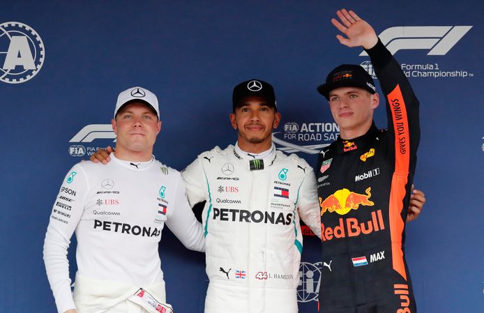 Vlnr: Valtteri Bottas, Lewis hamilton en Max Verstappen.