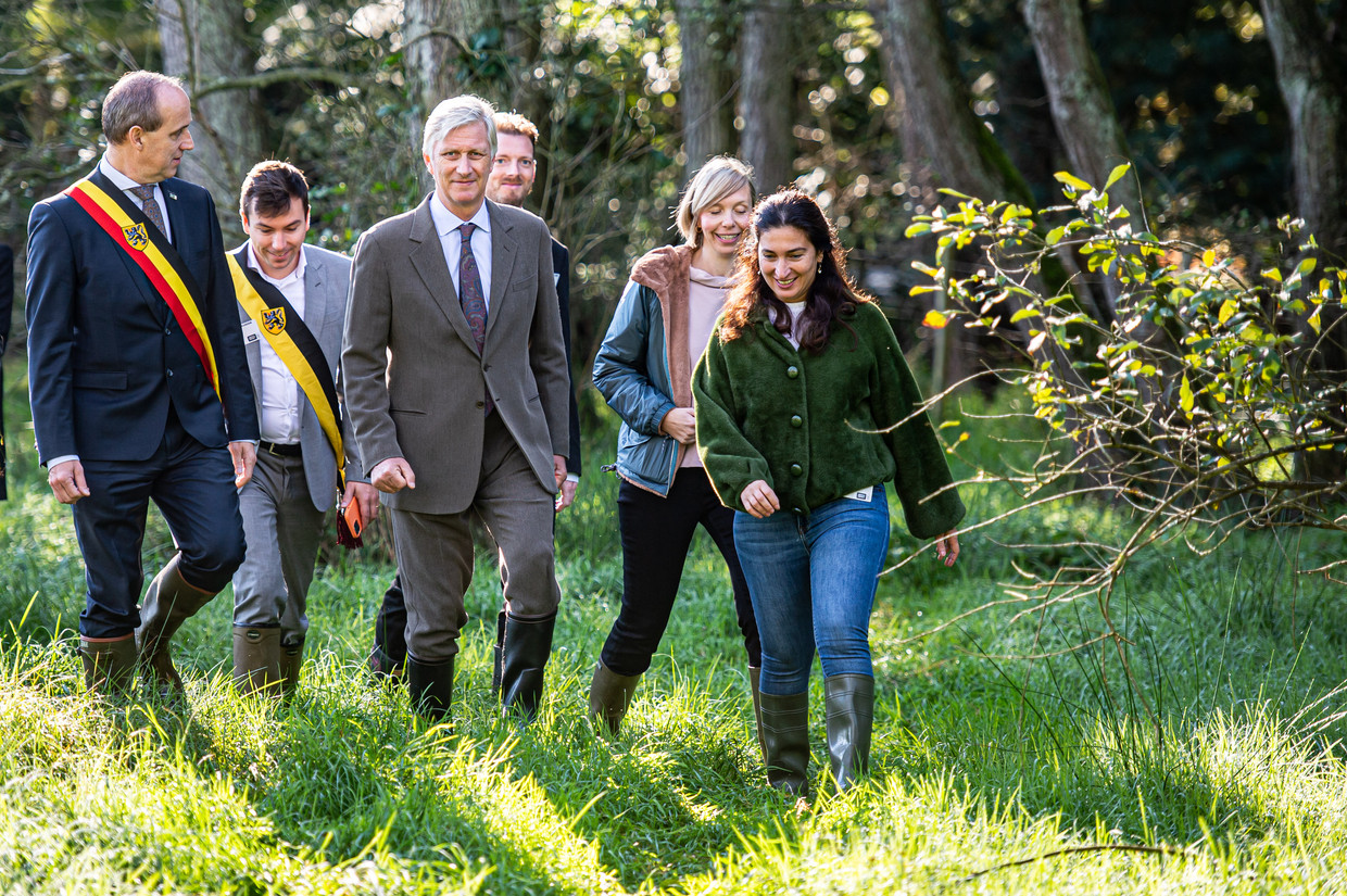 Genk Mayor and Chief Fluvius Wim Dres (left), King Philip and Flemish Minister Zuhal Demir (r.) at Watershey Gardens.  BELGA's photo