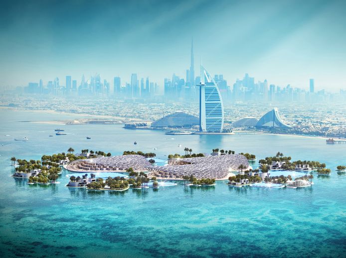 Conceptbeeld van wat 's werelds grootste oceaanherstelproject moet worden, voor de kust van Dubai. Het zou worden gebruikt voor marien onderzoek, regeneratie en ecotoerisme.