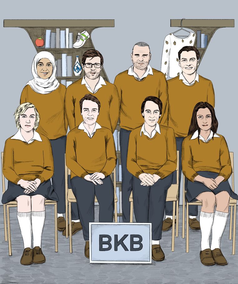 Alumni van de BKB Academie, bovenste rij vanaf links: Kauthar Bouchallikht, Toine Donk, Alex Klusman, Thierry Baudet. 
Onderste rij vanaf links: Charlotte Bouwman, Sywert van Lienden, Alexander Klöpping, Shermin Chavoushi.  Beeld Jip van den Toorn