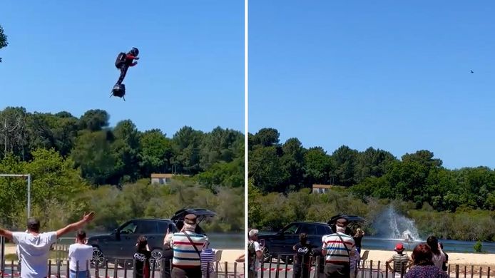 Uitvinder Franky Zapata is bij een demonstratie van een flyboard neergestort. De 40-jarige Fransman bleef op 15 meter hoogte in de lucht rondtollen. Uiteindelijk kwam de flyboarder ten val in het naastgelegen water.