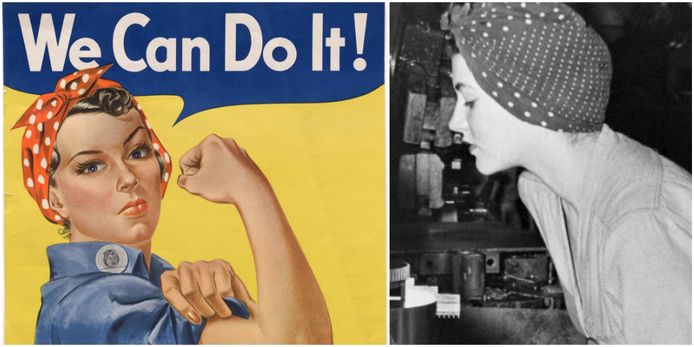 Naomi (rechts) in 1942, toen ze werkte in een fabriek waar vliegtuigonderdelen werden gemaakt. Ze werd de inspiratie voor de wereldberoemde poster.