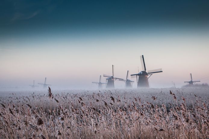 Fotograaf Peter Lodder zette woensdagochtend de molens in Kinderdijk op de foto.