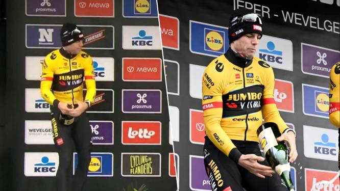 KIJK. Niet álles lukte: Wout van Aert beleeft ongelukje met champagnefles op podium