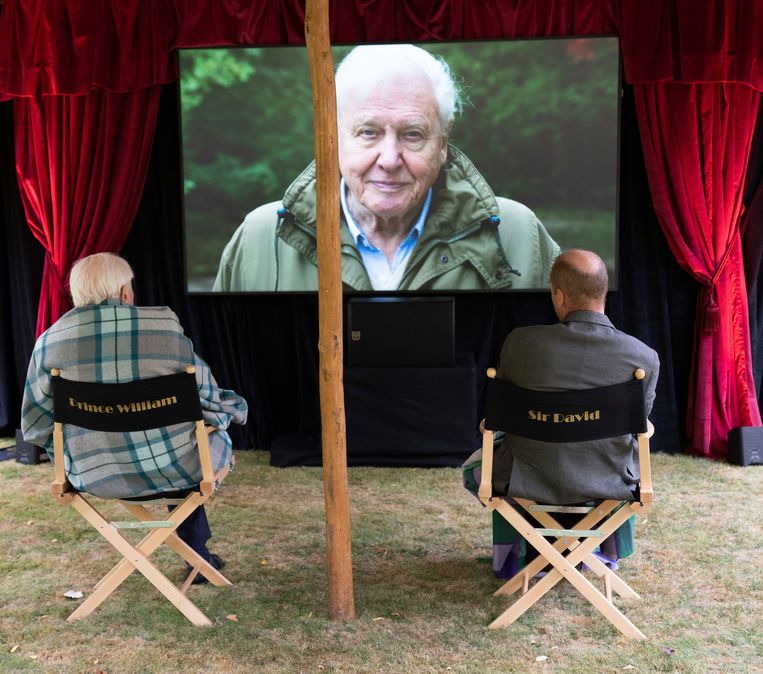 Prins William en David Attenborough bekijken de nieuwe docu. Voor de grap zitten ze in elkaars stoel. 