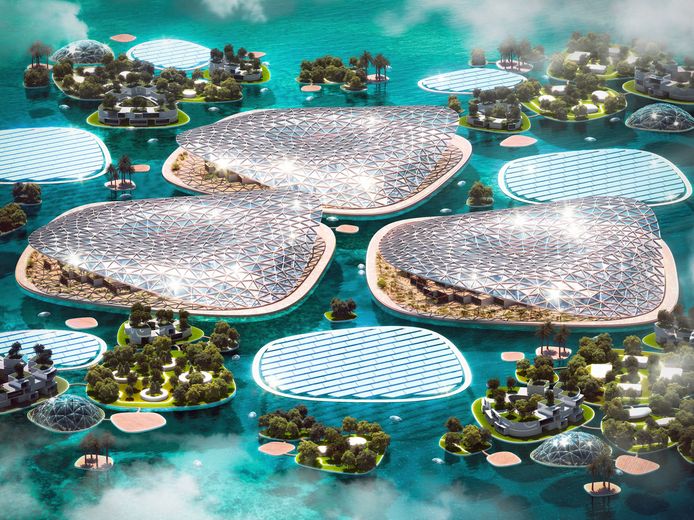 A conceptual image of what will become the world's largest ocean restoration project, off the coast of Dubai.  It will be used for marine research, regeneration and ecotourism.