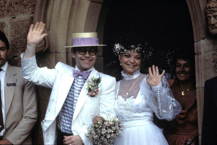 Elton John en Renate Blauel op hun huwelijksdag