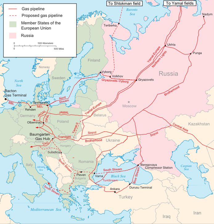 Viktiga gasledningar på den europeiska kontinenten.