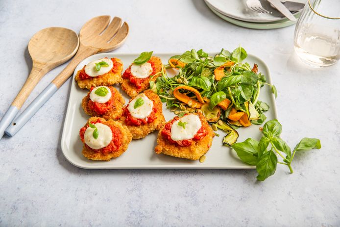 Chicken Parmesan with grilled vegetable salad.