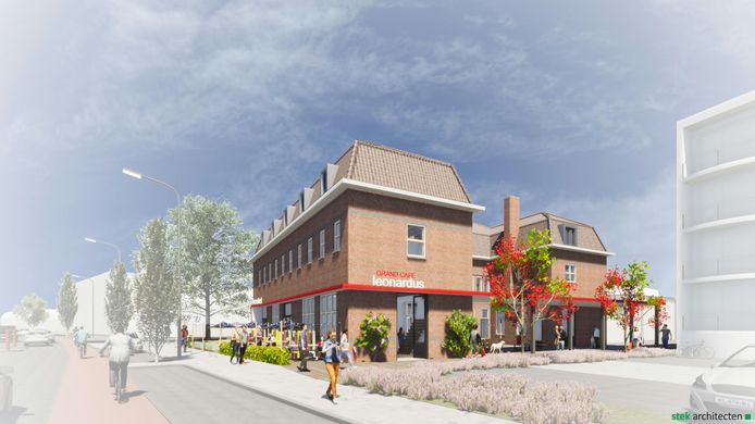 Impressie van het nieuwe hostel met grand café, daar wordt het voormalige Rode Kruis-gebouw voor opgekalefaterd.