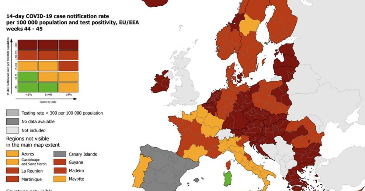 Europa kleurt nog meer donkerrood op coronakaart: besmettingen nemen quasi toe | Buitenland | hln.be