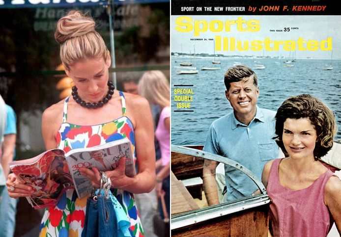 Jackie Kennedy in Marimekko (right).  Carrie Bradshaw is also a fan (left).