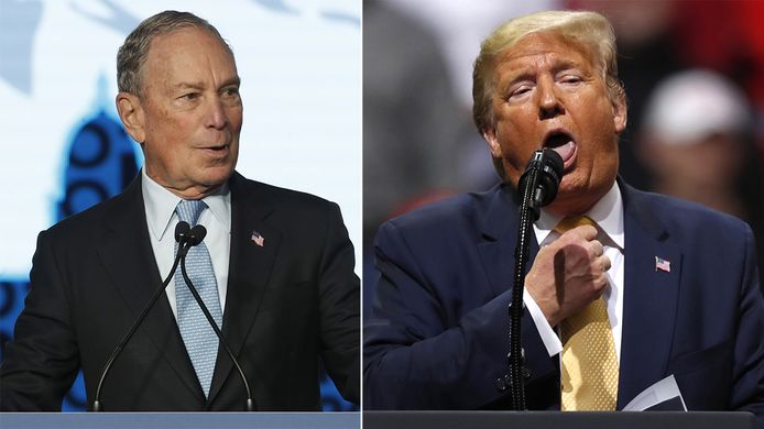 Michael Bloomberg (links) en Donald Trump. Die laatste toonde tijdens een rally met een wurgend gebaar hoe Bloomberg het gedaan had tijdens zijn eerste Democratische debat: niet goed.