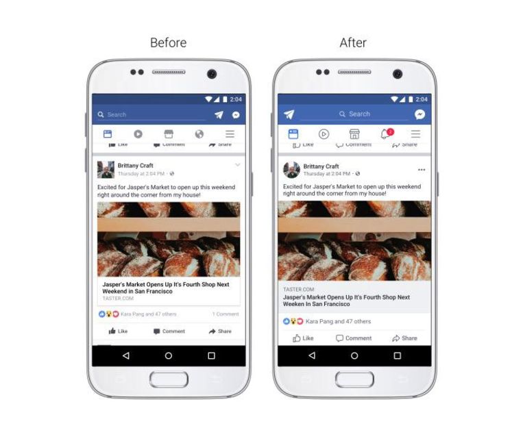 De nieuwe weergave (rechts) van een bericht op Facebook, met onder meer een grotere link-preview en grotere like- en deelknoppen. Beeld Facebook