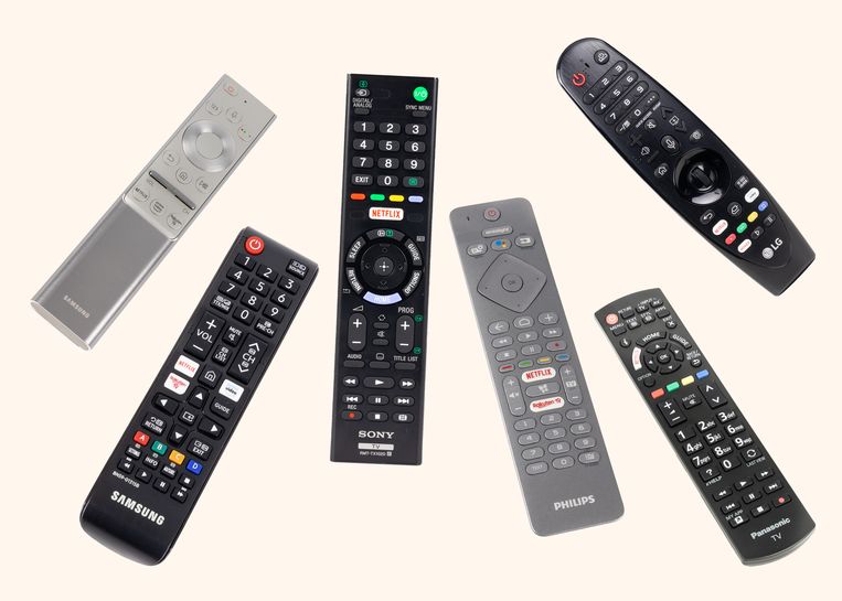 Afstandsbedieningen, vlnr Samsungs luxeversie, de gewone versie, Sony, Philips, Panasonic en LG Beeld Hardware Info