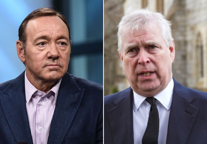 Prins Andrew (rechts) wil tijdens z'n misbruikzaak de hulp inroepen van Kevin Spacey