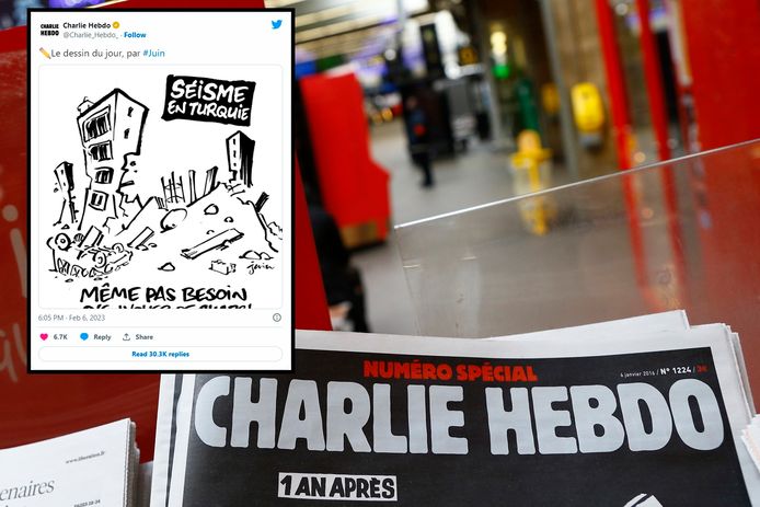 Charlie Hebdo publiceerde deze week een prent over de aardbeving in Turkije als 'tekening van de dag'.