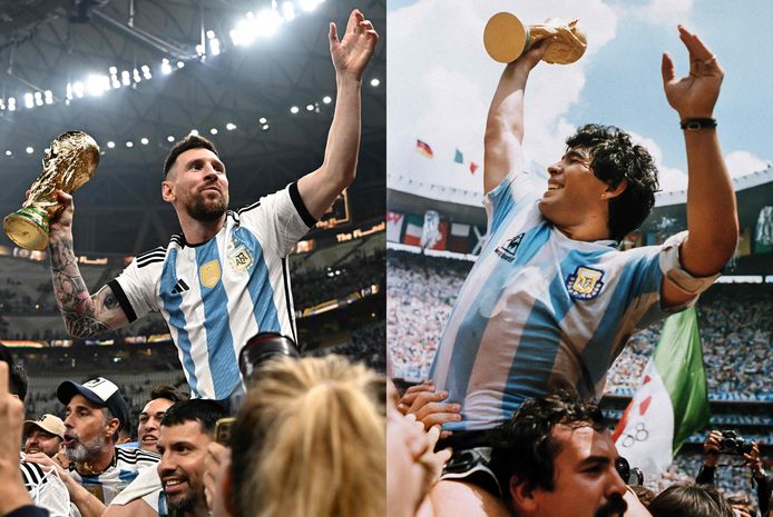 Messi (2022) en Maradona (1986) op de schouders na de wereldtitel van Argentinië.
