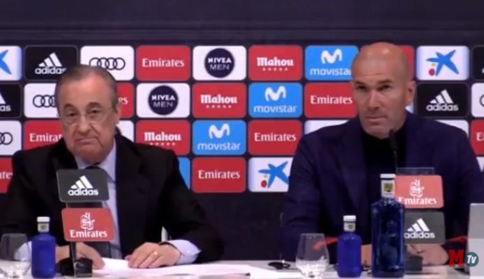 Zidane naast voorzitter Pérez op de persconferentie.