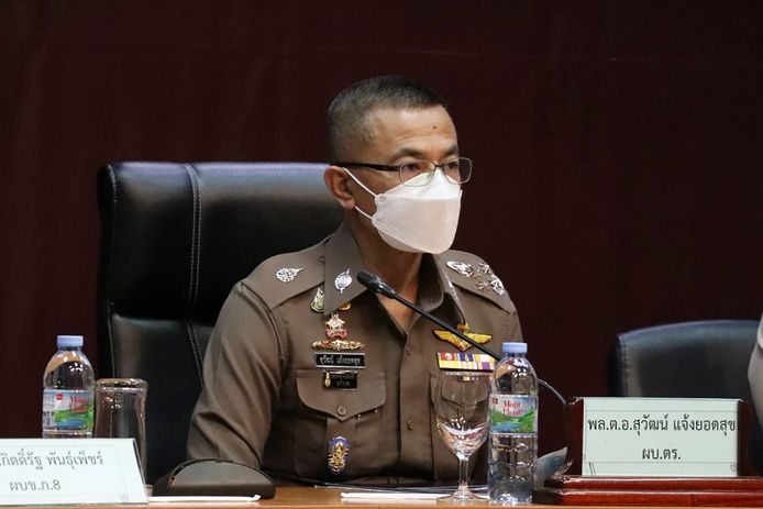 Politiechef Suwat Jangyodsuk tijdens de persconferentie op het provinciale politiebureau op Phuket, afgelopen zaterdag.