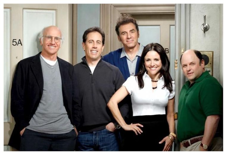 Larry David bij de cast van ‘Seinfeld’.  Beeld 