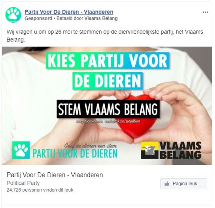 Een advertentie van de Partij voor de Dieren, betaald door Vlaams Belang.