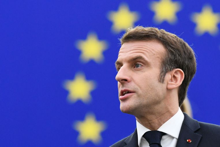 De Franse president Emmanuel Macron bij het Europees Parlement in Straatsburg.  Beeld AFP