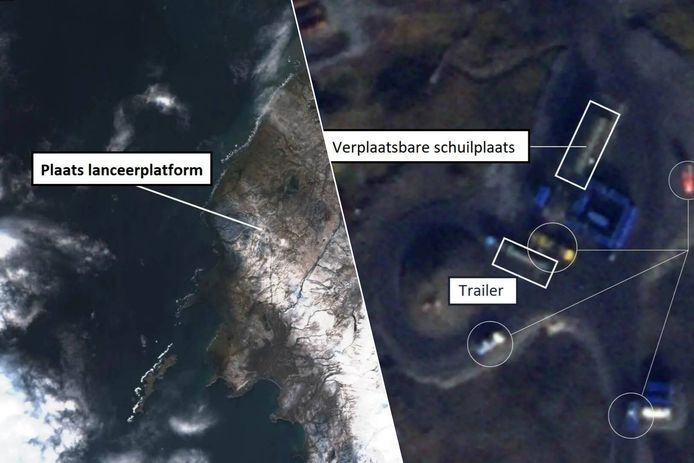 Links een beeld van de afgelegen Russische basis in het Noordpoolgebied. Rechts een satellietbeeld van 20 september. Daarop zijn verschillende voertuigen te zien (omcirkeld) op het lanceerplatform van de basis. Het gaat onder meer om een truck met een trailer, waarvan de afmetingen overeen lijken te komen met die van de raket.