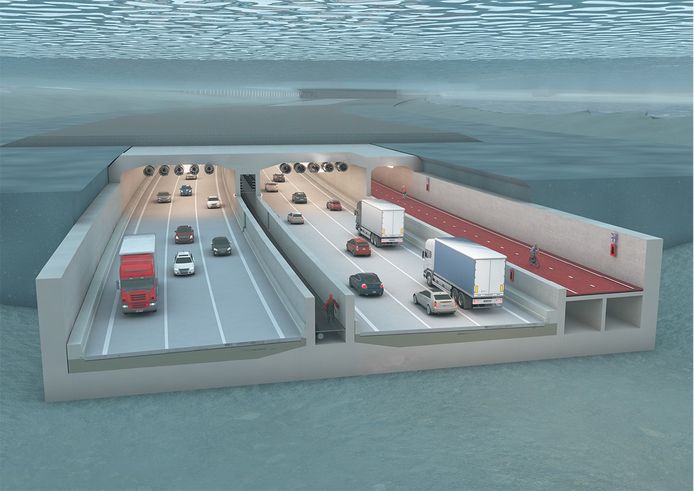 Een simulatie van de nieuwe Scheldetunnel. De tunnelelementen worden volop gebouwd in een bouwdok in Zeebrugge en komen pas in 2025 naar Antwerpen.