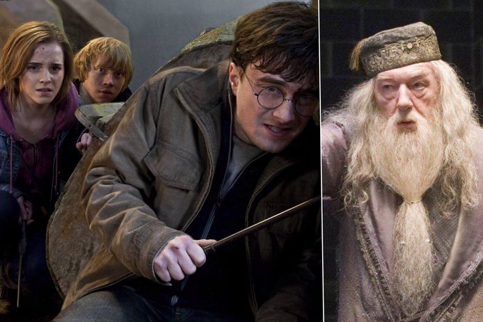 Daniel Radcliffe, Emma Watson en Rupert Grint in ‘Harry Potter’ (links) en Michael Gambon als Perkamentus (rechts).