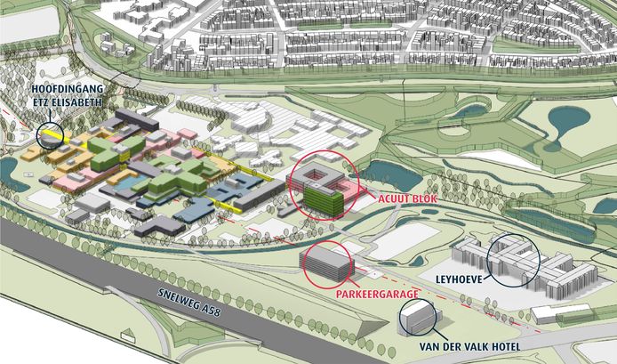De locatie ETZ Elisabeth wordt aan de achterzijde van het ziekenhuis uitgebreid met een 'Acuut blok' voor alle spoedzorg, een beddenhuis en een parkeergarage. Deze illustratie toont de plek waar gebouwd gaat worden. Het is nog niet bekend hoe de nieuwbouw eruit komt zien. Die plannen moeten nog worden uitgewerkt.