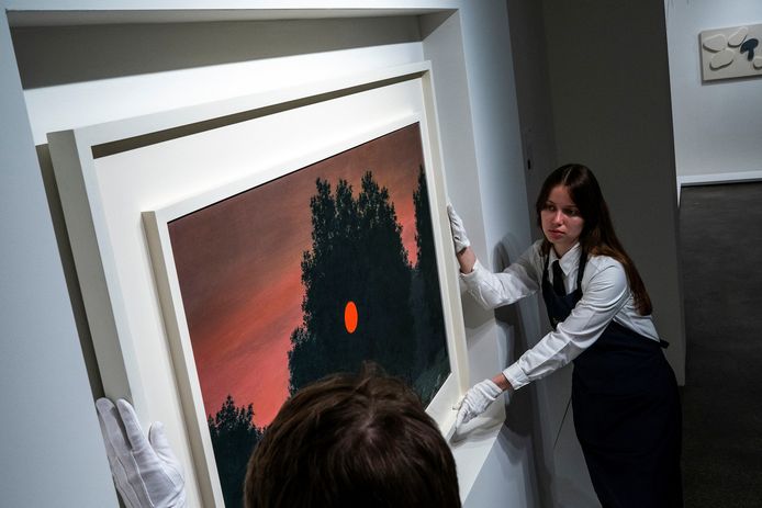 Handlers place "Le Banquet" by Magritte during a media preview for Sotheby's upcoming "New York Marquee Evening Sales" in New York City, New York, U.S., May 3, 2024. REUTERS/Eduardo Munoz