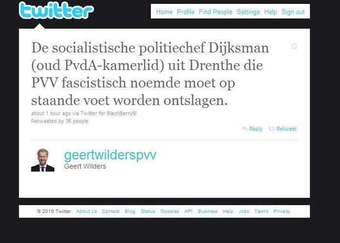 De tweet van Wilders die het aftreden van Dijksma eist.