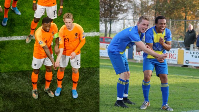 Links Georginio Wijnaldum en Frenkie de Jong, rechts Stijn Slaghekke en Lindsay Moncherry van de Twentse amateurclub Reutum.