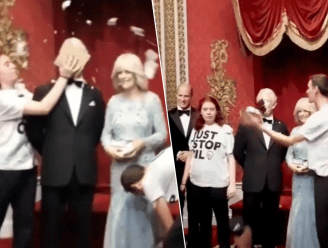 Na de soep en de puree, de taart: beelden tonen hoe activisten wassen beeld van koning Charles in Madame Tussauds besmeuren